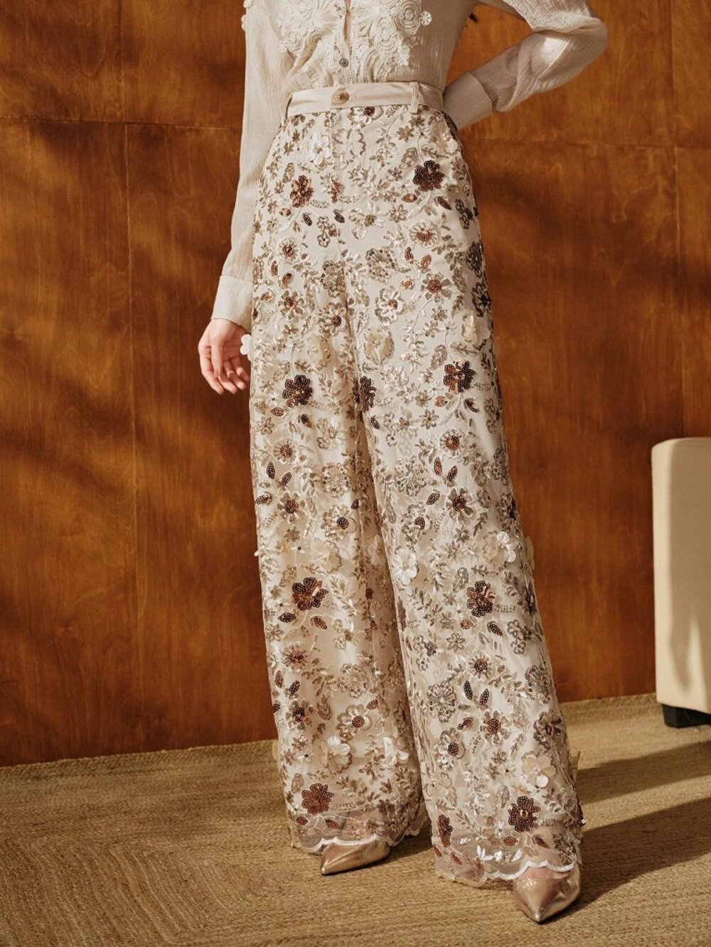 Champagne Elegant Women's Floral Mesh Straight Leg Pants